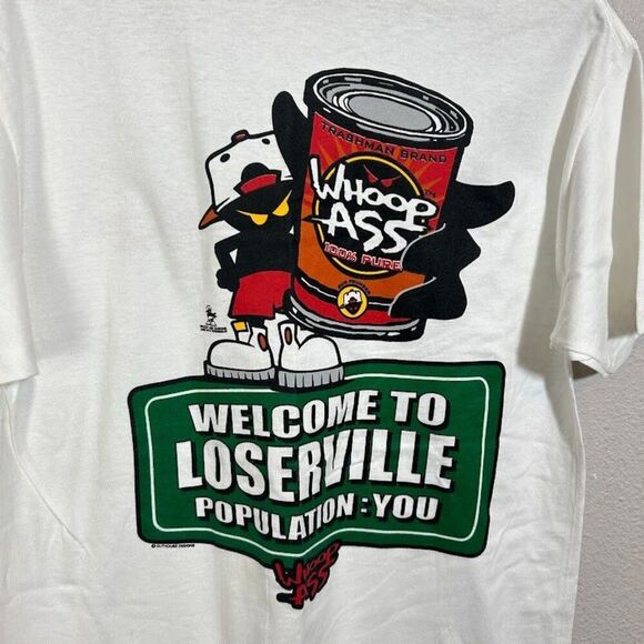 VTG 90's Whoop Ass Sportswear T Shirt Mens M White Graphic Loserville - Picture 4 of 6
